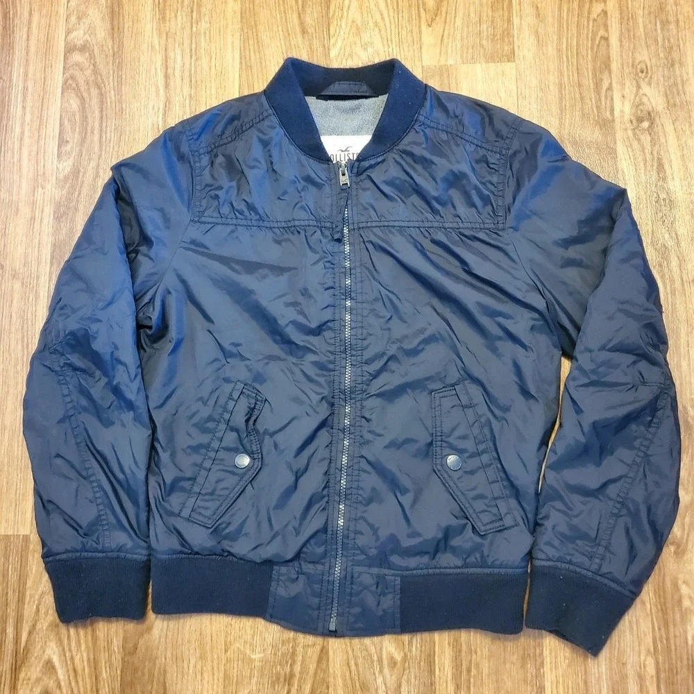 Vtg Hollister Bomber Jacket Men Small Blue Fleece Lined Full Zip Media Pocket